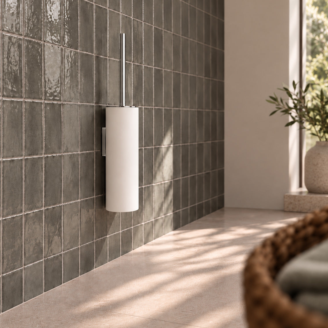 WC Bürstengarnitur in Weiß matt aus der Serie Stone von Decor Walther montiert an einer grünen Fliesenwand mit Bürstenstiel in Edelstahl gebürstet 