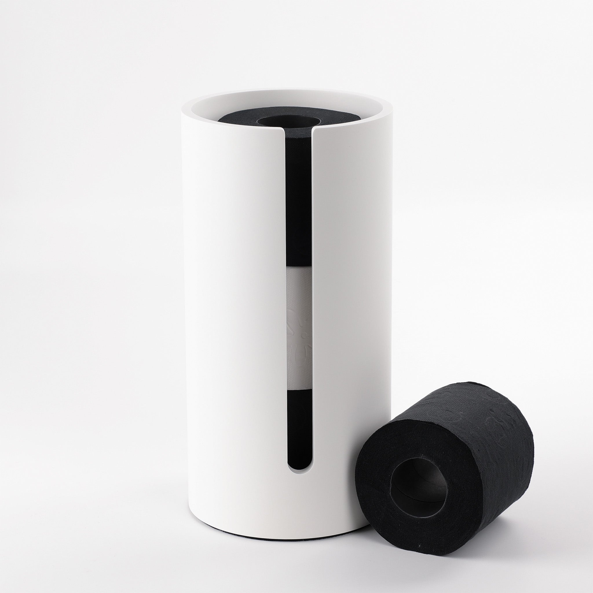 Eleganter WC-Ersatzrollenhalter von Decor Walther aus der Stone-Kollektion in Weiß Matt, mit Papierrollen dekoriert, elegantes Design für Ihr Bad oder Gäste-WC