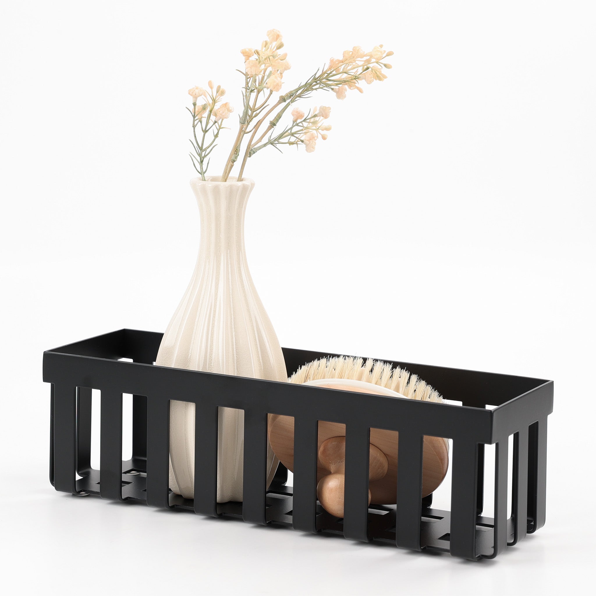 Freistehender Mehrzweckbehälter DW355 von Decor Walther in Schwarz matt, puristisches Stahl-Design, mit Vase und Bürste dekoriert