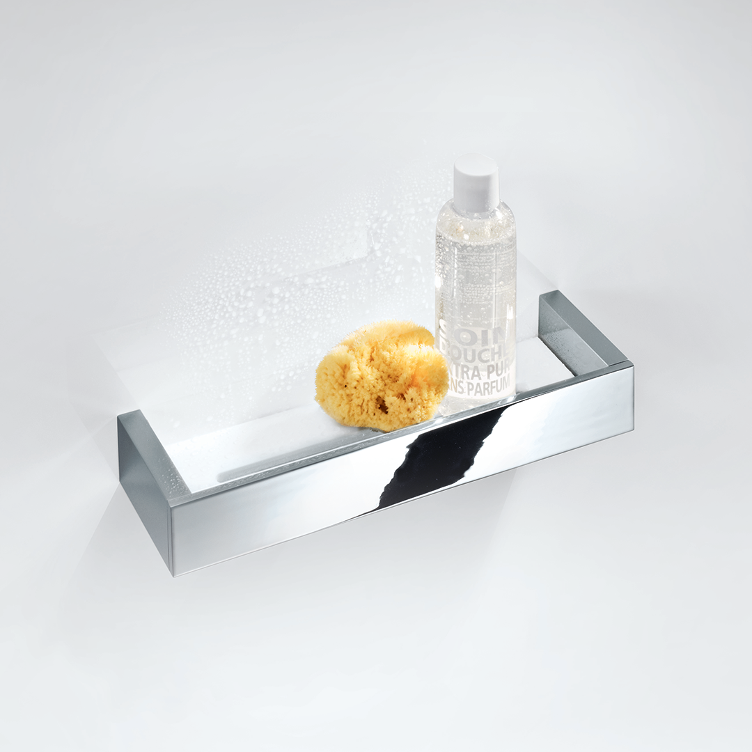 Duschablage BK DA30 aus massivem Messing in Chrom von Decor-Walther, kantige Wandablage mit Acrylglas Einsatz fuer Dusche und Badaccessoires.