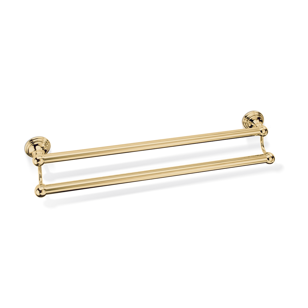 Zweiarmiger Handtuchhalter in glänzendem Gold; luxuriöse Ergänzung für stilvolle Bäder.