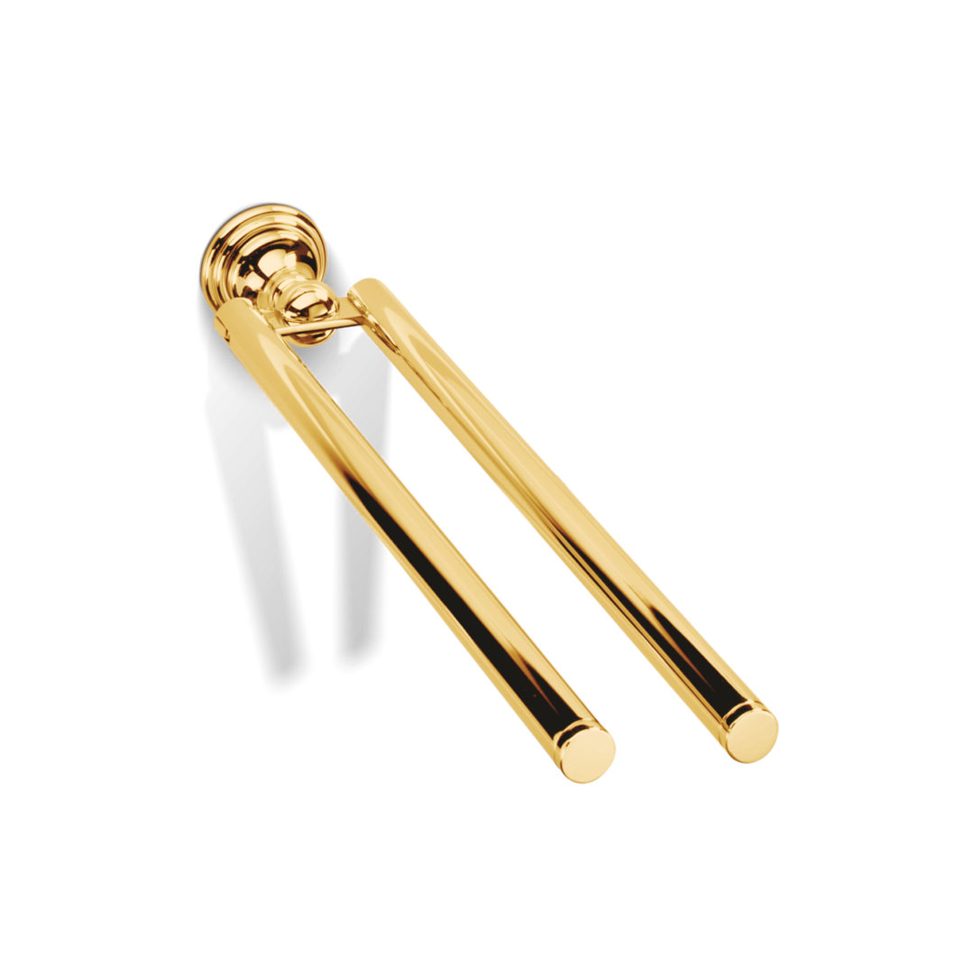 Zweiarmiger Handtuchhalter in edlem Gold; luxuriöse Lösung für klassische Badezimmer.