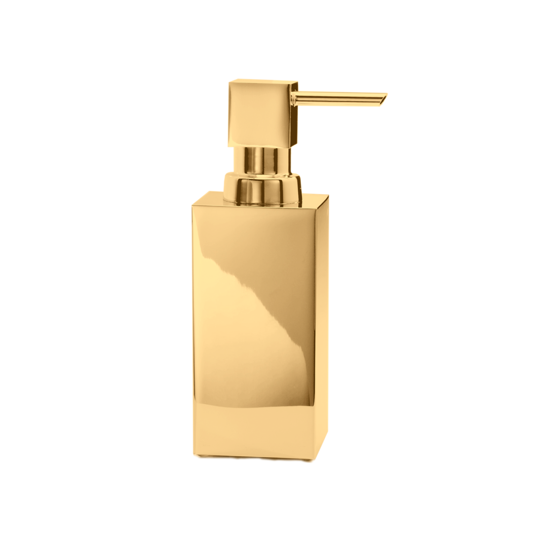 Luxuriöser, freistehender Seifenspender CO SSP von Decor Walther aus massivem Messing in 24-Karat-Gold, klarliniges Corner-Design.