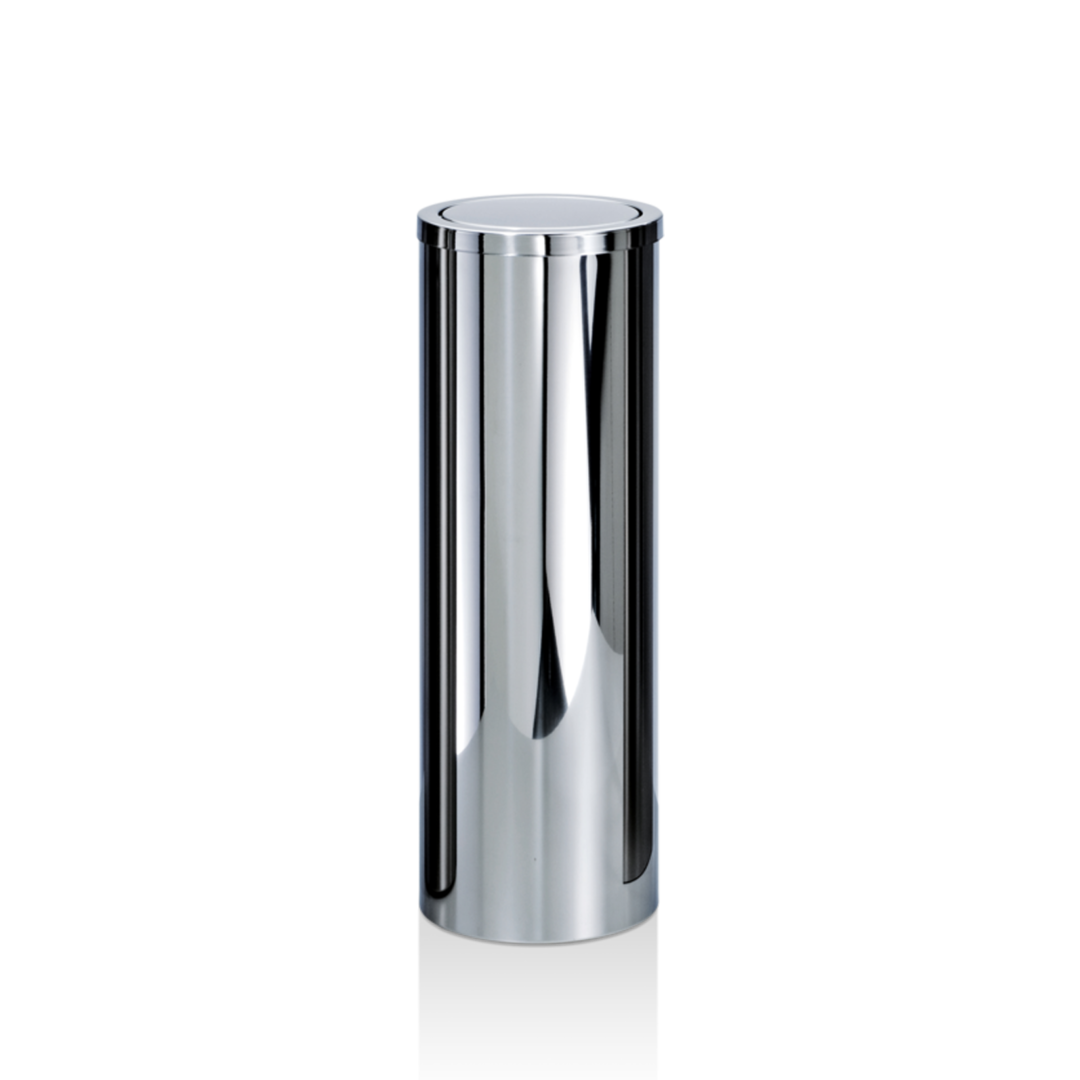 Hoher runder Papierkorb DW1024 aus poliertem Edelstahl von Decor Walther mit elegantem Schwingdeckel, pflegeleichtes und hochwertiges Badaccessoire.