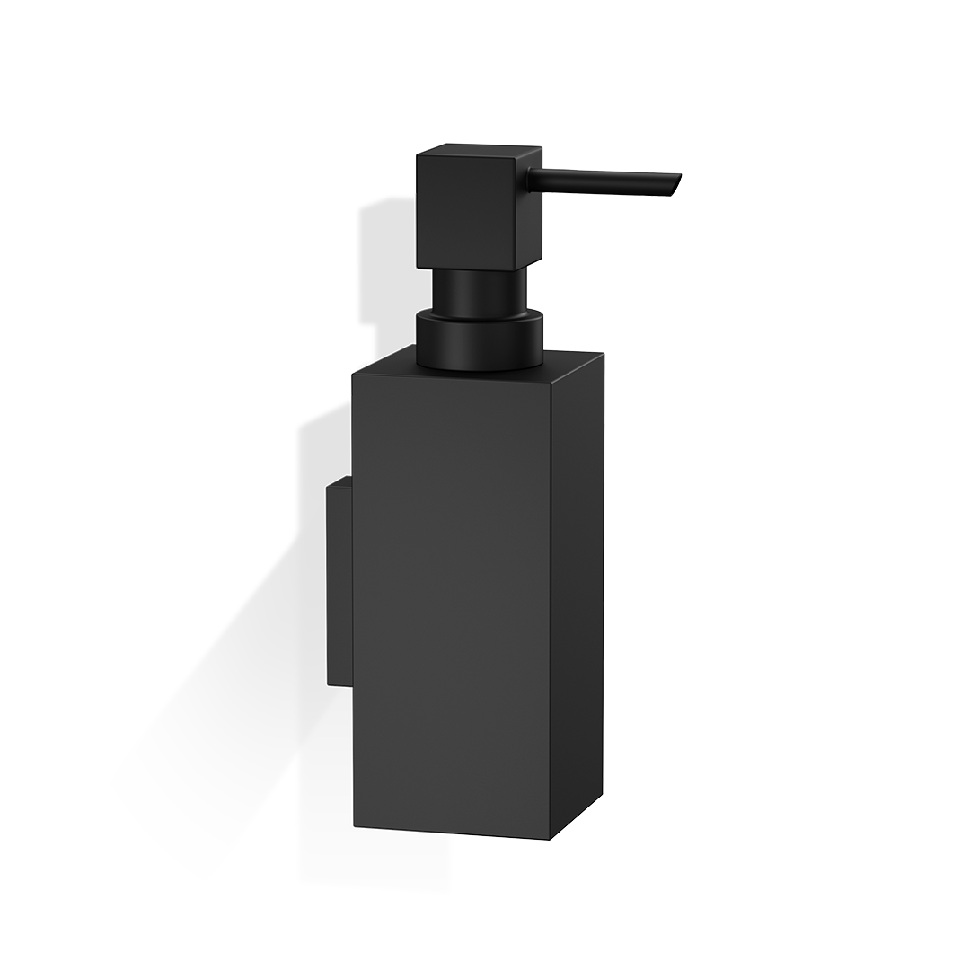 Eckiger Wandseifenspender DW375 N von Decor Walther aus massivem Messing in Schwarz matt, abnehmbar zur komfortablen Befüllung.