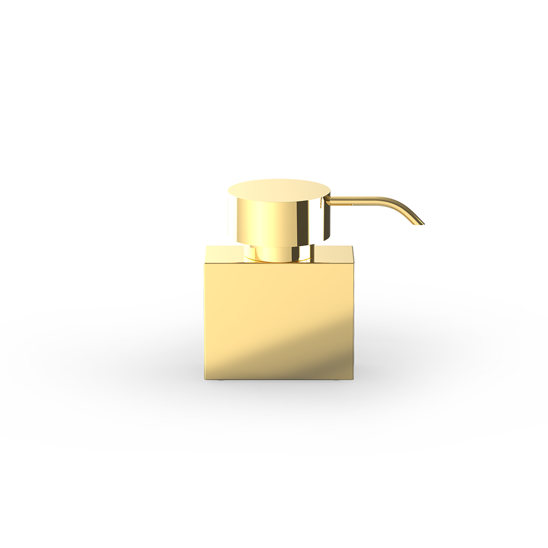 Freistehender Seifenspender DW477 N von Decor Walther in 24-Karat-Goldoberfläche mit Acryl-Innenbehälter.