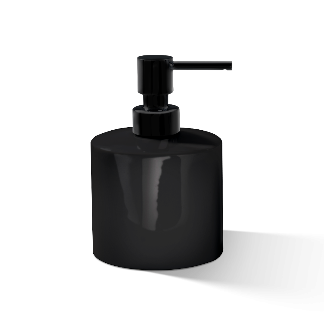 Runder Seifenspender DW520 aus schwarzem Porzellan mit Schwarz-matt-Pumpe von Decor Walther, elegante monochrome Ausführung für moderne Bäder.