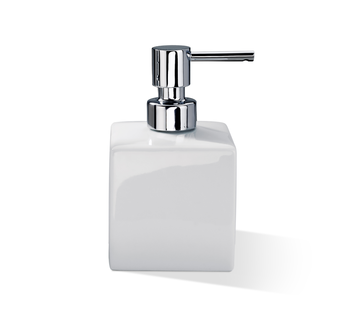 Freistehender Seifenspender DW525 aus weißem Porzellan mit Chrom-Pumpkopf von Decor Walther, minimalistisches Design mit 425-ml-Volumen.