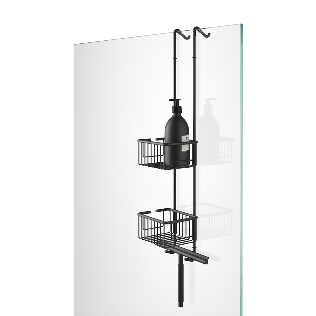 Duschablage Decor Walther DWHGK2 in Schwarz matt – zweistufiger Duschkorb aus massivem Messing mit rutschschonender Gummihalterung, perfekt für moderne, minimalistische Bäder.