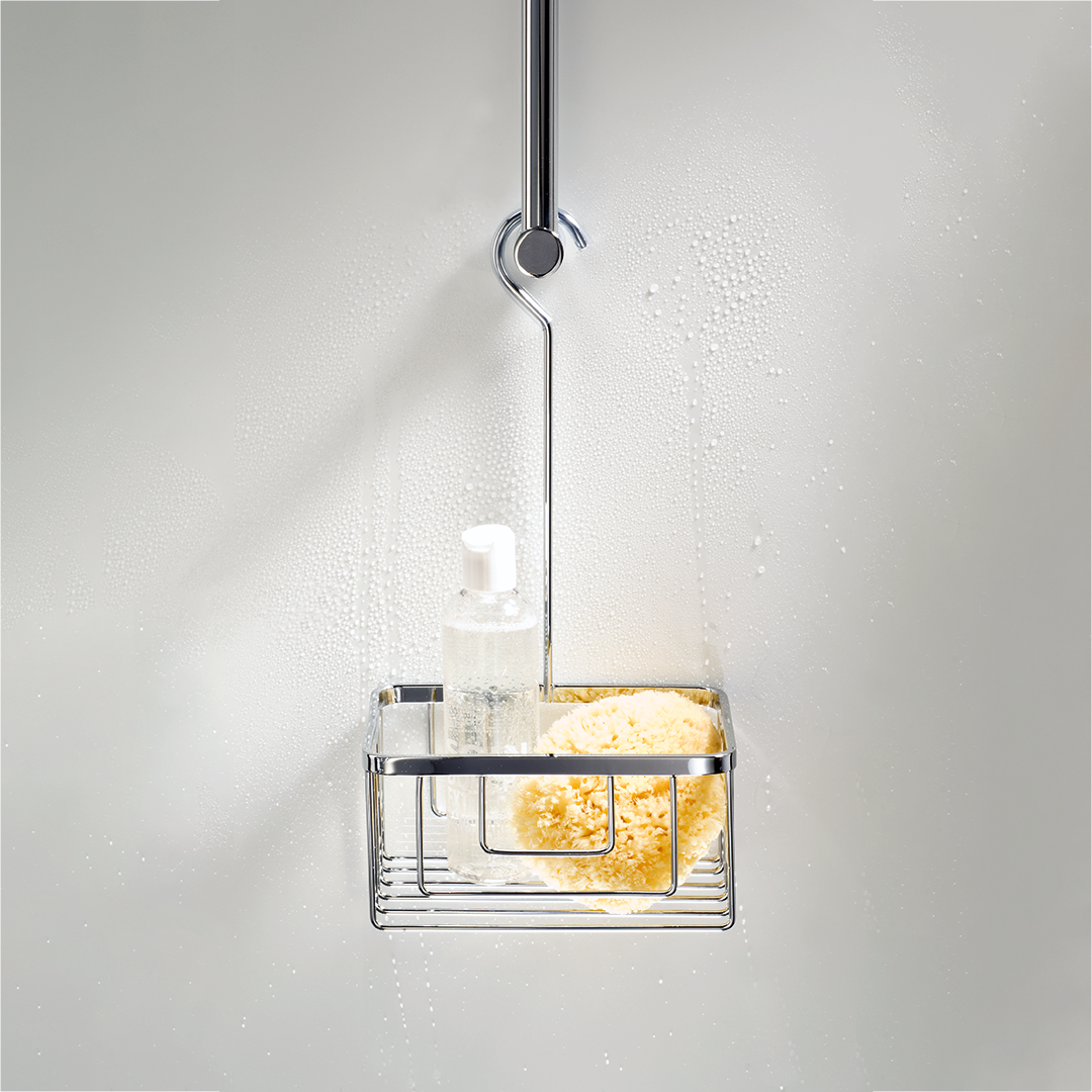 Hängeduschkorb Decor Walther DW226 in Chrom – kompakte, rostfreie Messingablage mit Rundhaken zur Befestigung an Armatur oder Brausestange.