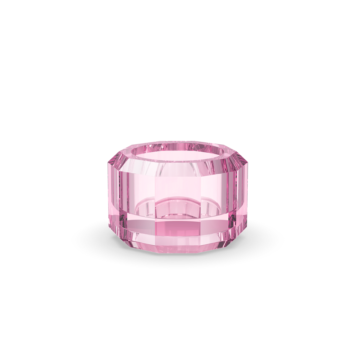 Rosafarbener Kristall Teelichthalter von Decor Walther, Modell KRKH in Pink, mit facettierter Oberfläche und funkelnden Lichtreflexionen