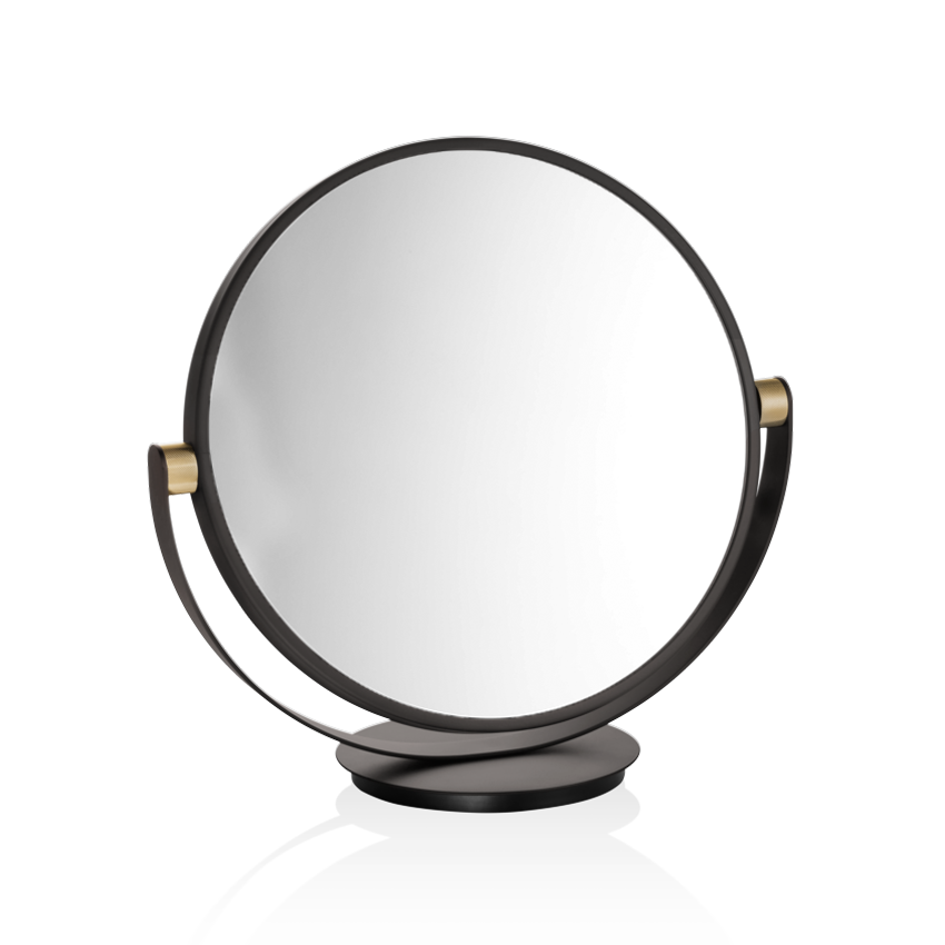 Exklusiver Schminktischspiegel VANITY von Decor Walther in Dark Metal matt und 24 Karat Gold matt, doppelseitiger runder Kosmetikspiegel mit kippbarer und schwenkbarer Spiegelfläche.