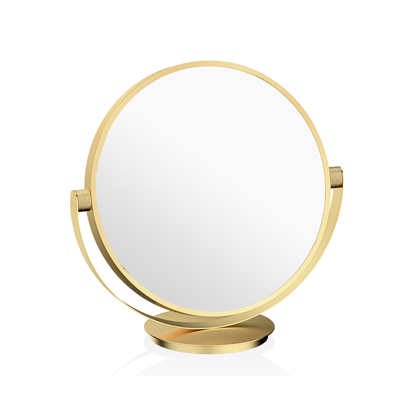 Hochwertiger Standspiegel VANITY von Decor Walther in 24 Karat Gold matt, schwenkbarer runder Tischspiegel aus massivem Messing im klassischen Design der Club Kollektion.