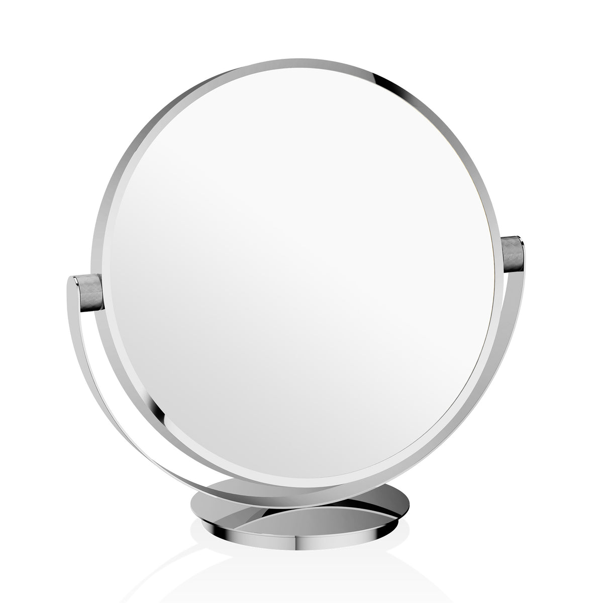 Großer runder Tischspiegel VANITY von Decor Walther in glänzendem Chrom, doppelseitiger Schminkspiegel aus massivem Messing mit schwenkbarer Spiegelfläche und elegantem Standfuß.