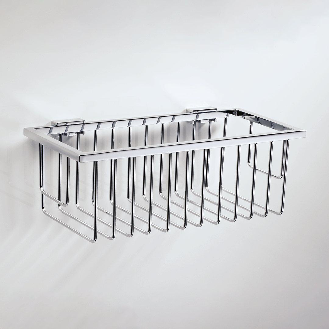 Decor Walther WA WND3 rechteckiger Duschkorb aus veredeltem Messing in Chrom zur Wandmontage mit verdeckter Befestigung.