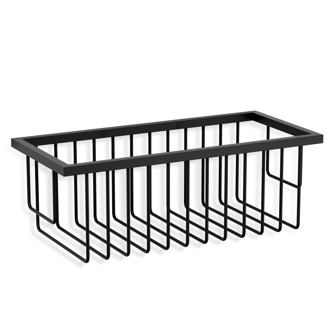 Mattschwarze Duschablage WAWND1 von Decor Walther aus massivem Messing, mit offenem Gitterboden für schnellen Ablauf.