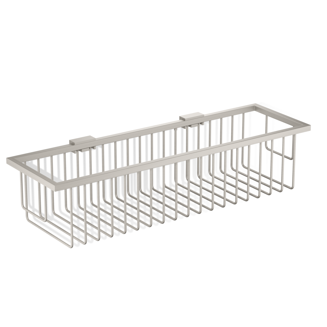 Rechteckiger Duschkorb Decor Walther WA WND2 in Nickel satiniert – elegante Wandmontage aus massivem, matt veredeltem Messing mit verdeckter Befestigung für Badutensilien.