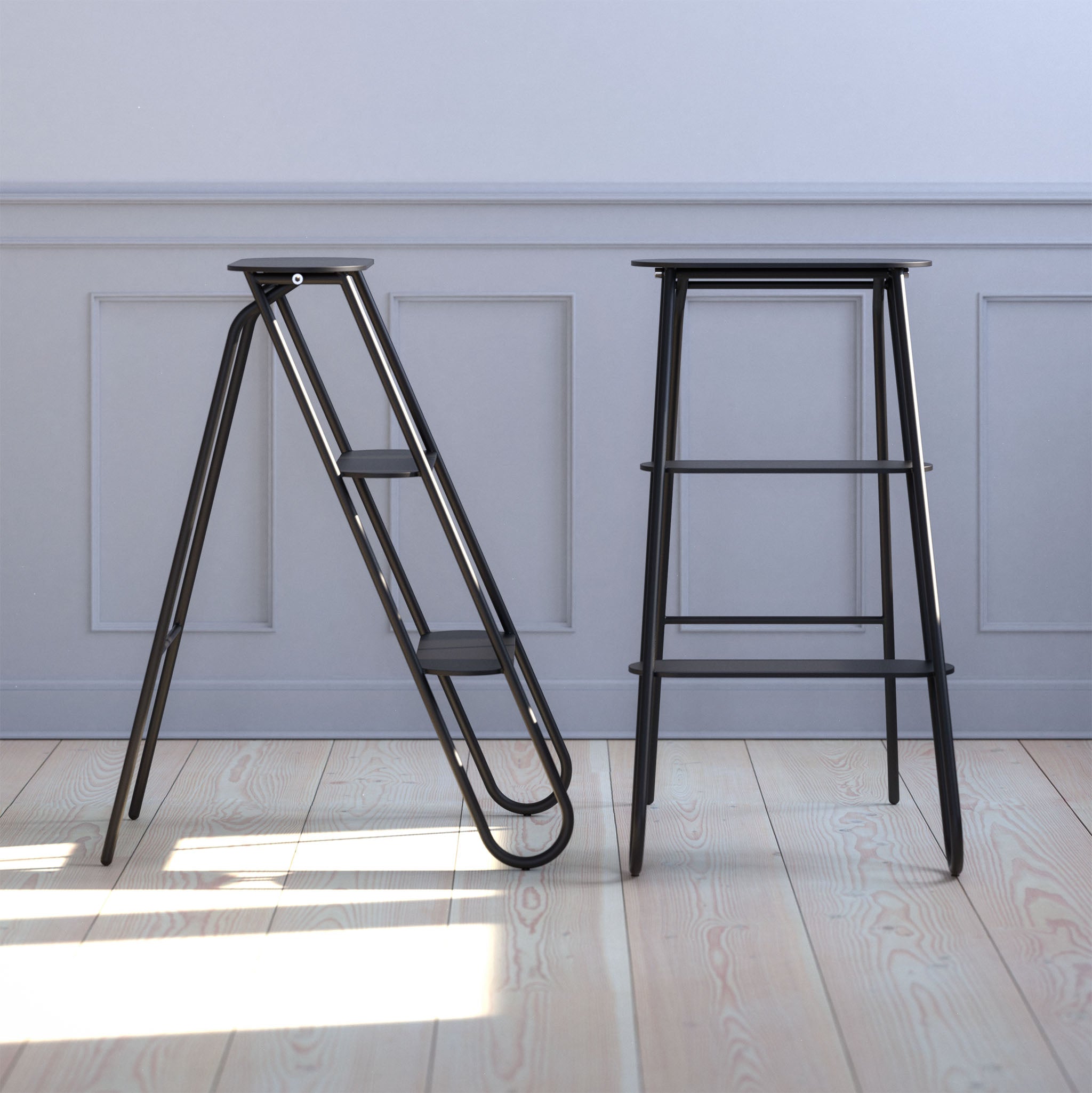 Stilvolle klappbare Trittleiter 6200 von Frost Denmark in Schwarz matt – mehrfach preisgekröntes Design, ideal als Leiter, Hocker oder Beistelltisch.