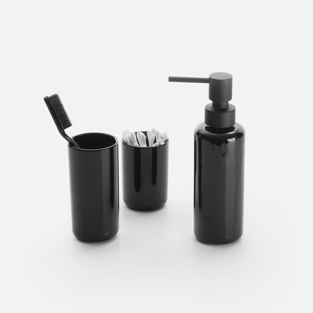 Luxus Bad-Set schwarz Glas 3-teilig Seifendosierer Zahnputzbecher Zahnbürstenhalter puristisch elegant Badezimmer-Accessoires Badausstattung Decor Walther Qualität