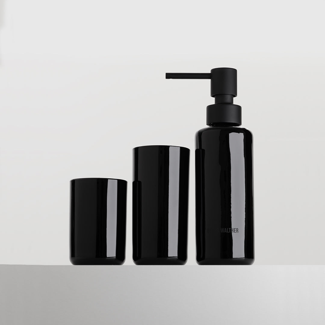 Luxus Bad-Set schwarz Glas 3-teilig Seifendosierer Zahnputzbecher Zahnbürstenhalter puristisch elegant Badezimmer-Accessoires Badausstattung Decor Walther Qualität