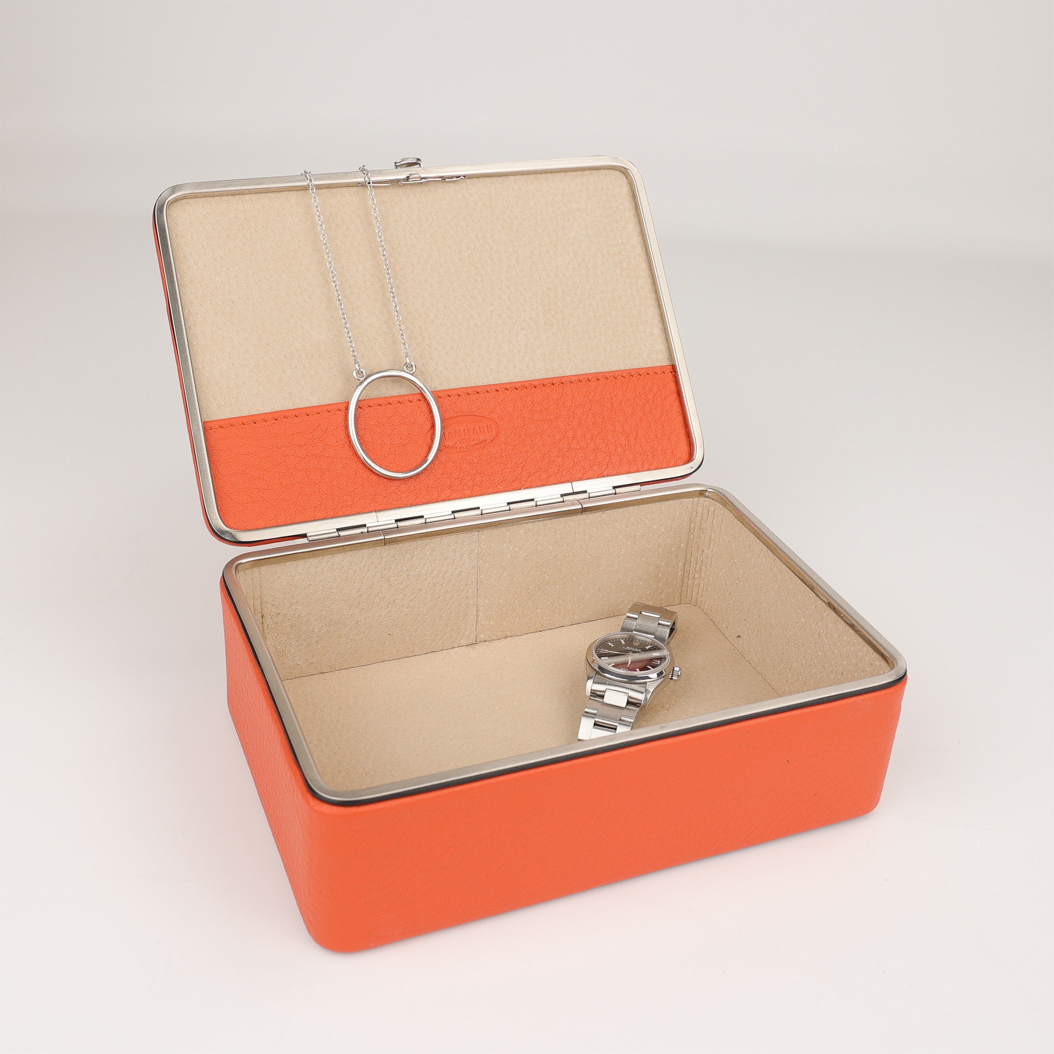 Luxuriöse Schmuckschatulle in Orange aus Chervo-Kalbsleder, ideal für die stilvolle Aufbewahrung von Schmuck und Accessoires, F. Hammann