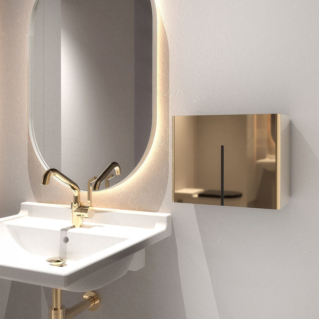 Design Handtrockner in glänzendem Gold von Frost Denmark mit Sensorsteuerung und HEPA-Filter für hochwertige Hotelbäder und Restauranttoiletten
