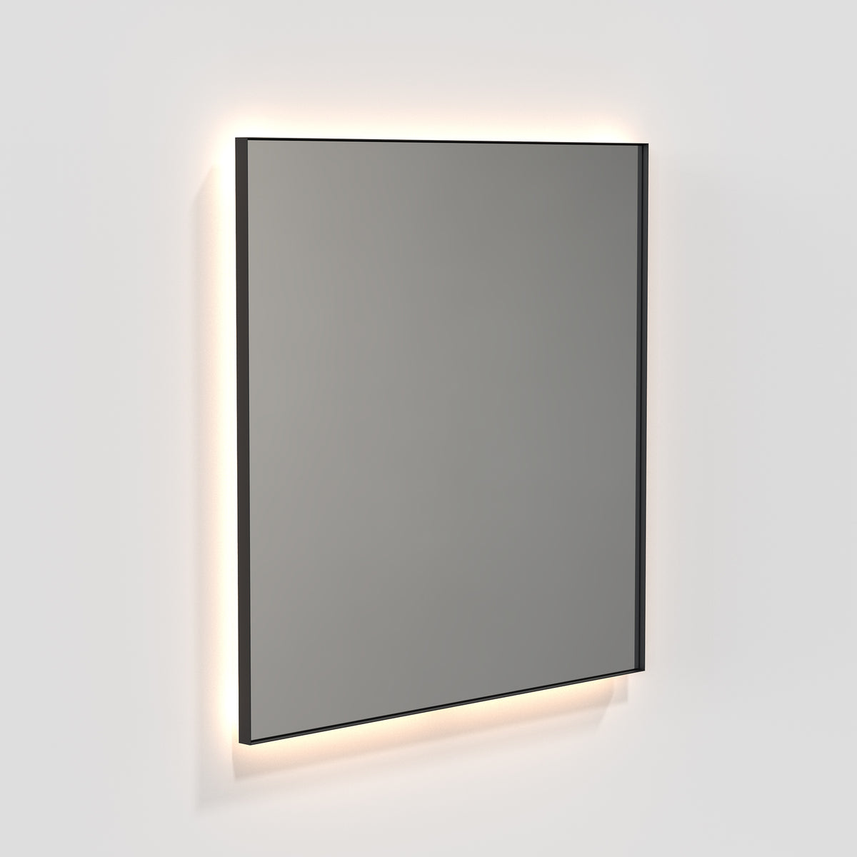 Quadratischer Frost Denmark UNU LED Badspiegel 100 x 100 cm in Schwarz matt mit indirekter 2700 K Hintergrundbeleuchtung und filigranem Rahmen