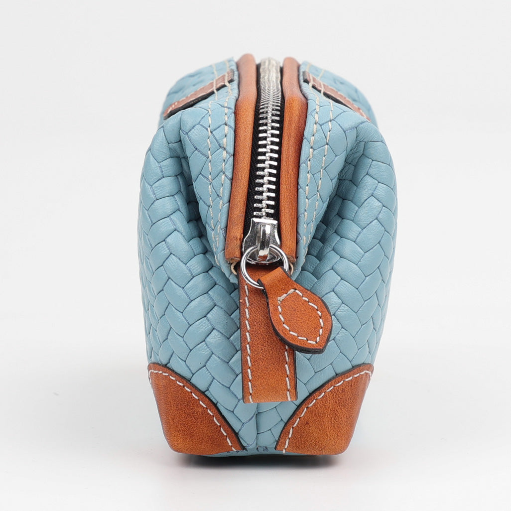 F. Hammann Kulturtasche in Hellblau und Coxorange – luxuriöse Ledertasche mit Metallrahmen, weit öffnendem Reißverschluss und hochwertigem Innenfutter.