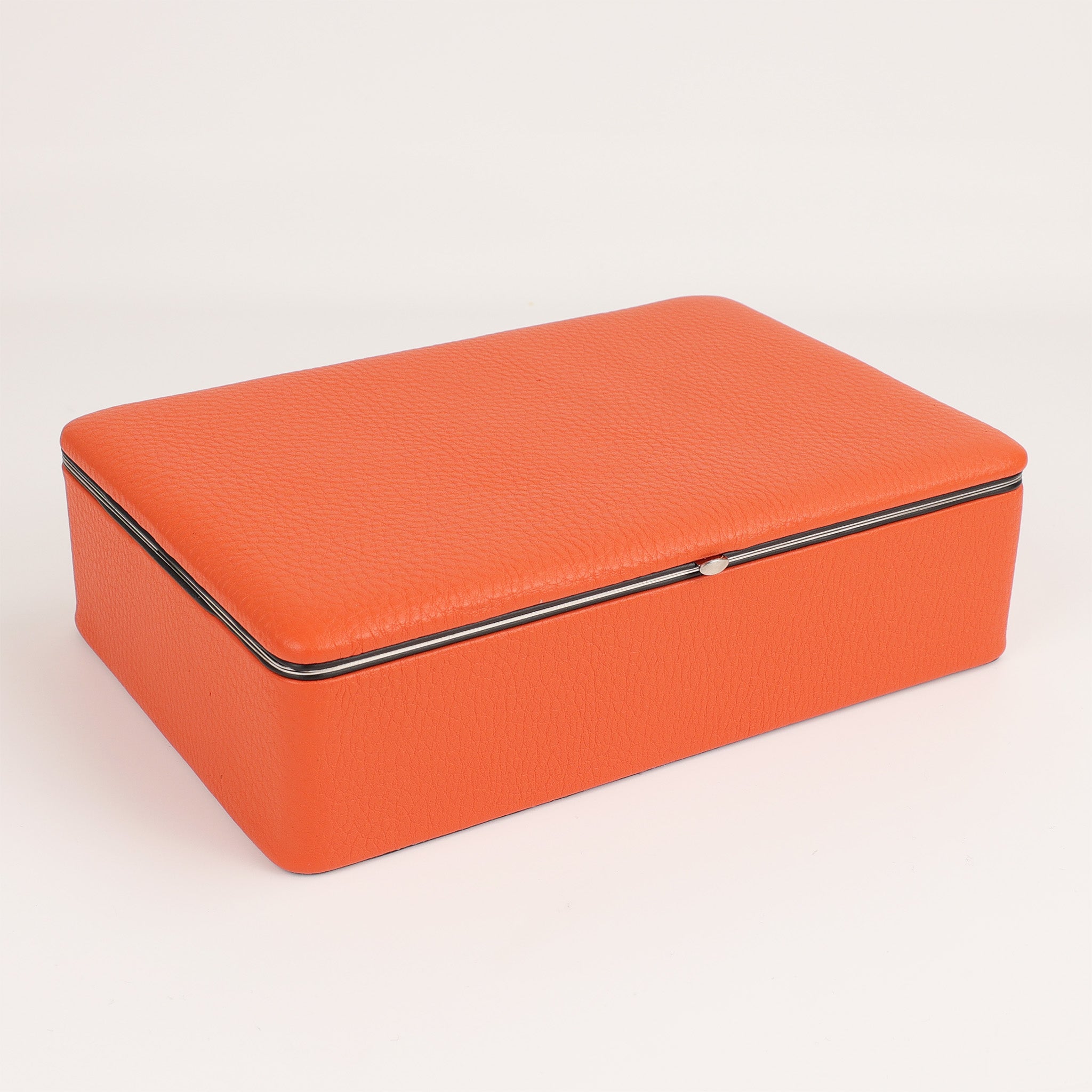 Elegante große Schmuckbox in Orange, gefertigt aus naturbelassenem Chervo-Leder mit stabilem Metallrahmen und Schnappschloss, F. Hammann