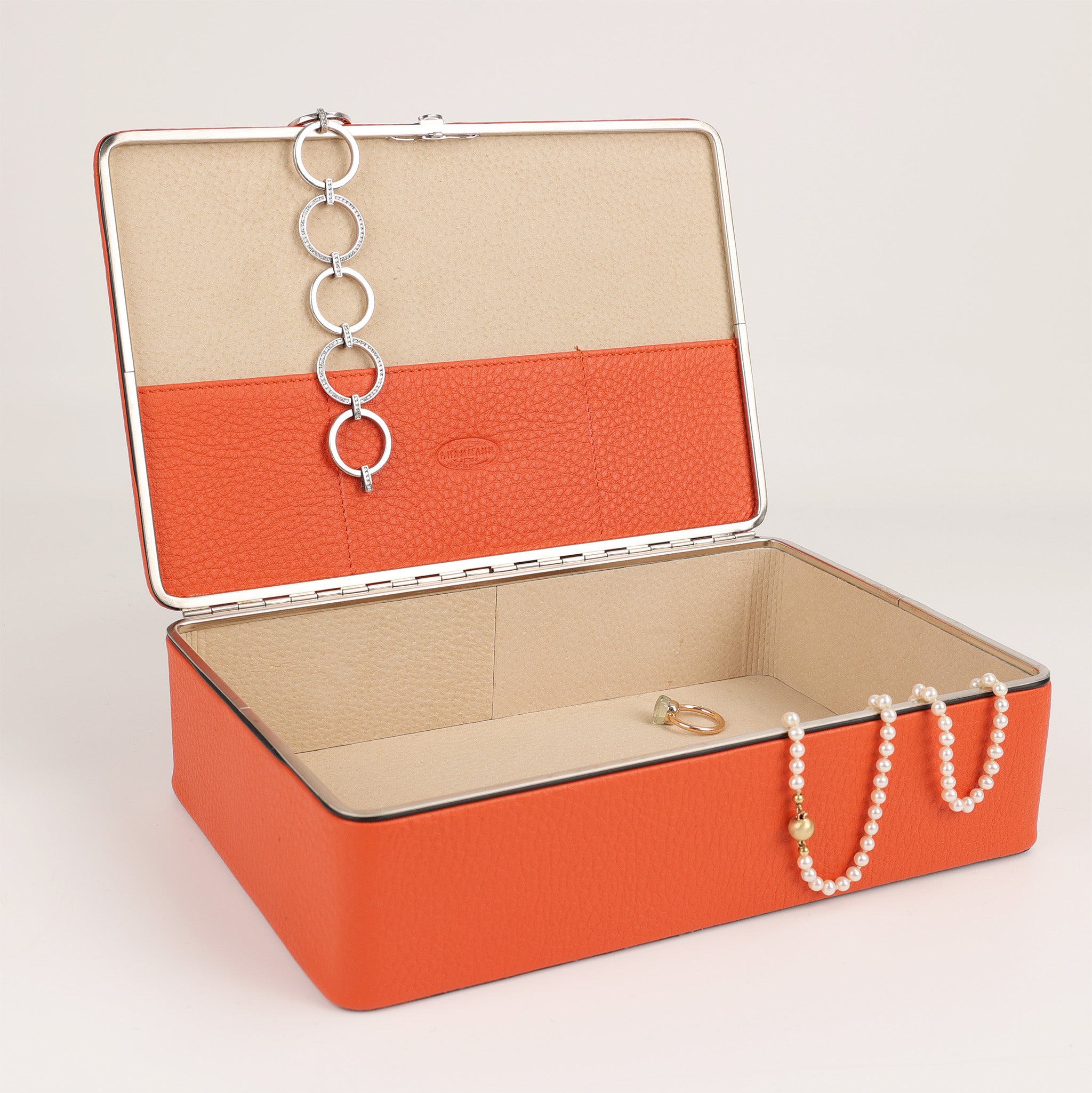 Luxuriöse große Schmuckschatulle in Orange aus Chervo-Kalbsleder, ideal für die stilvolle Aufbewahrung von Schmuck und Accessoires, F. Hammann