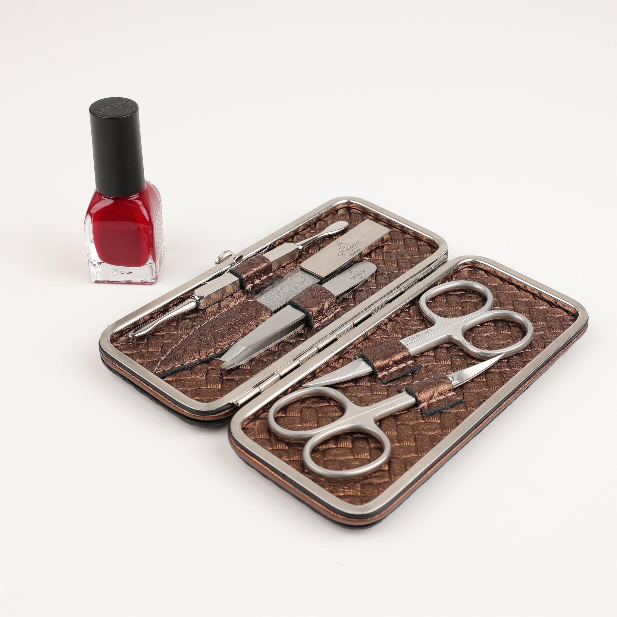 Erstklassiges Nagelpflege-Set aus naturbelassenem Leder in Flecht Bronze, ideal für Reisen, gefertigt von F. Hammann, dasfeinebad
