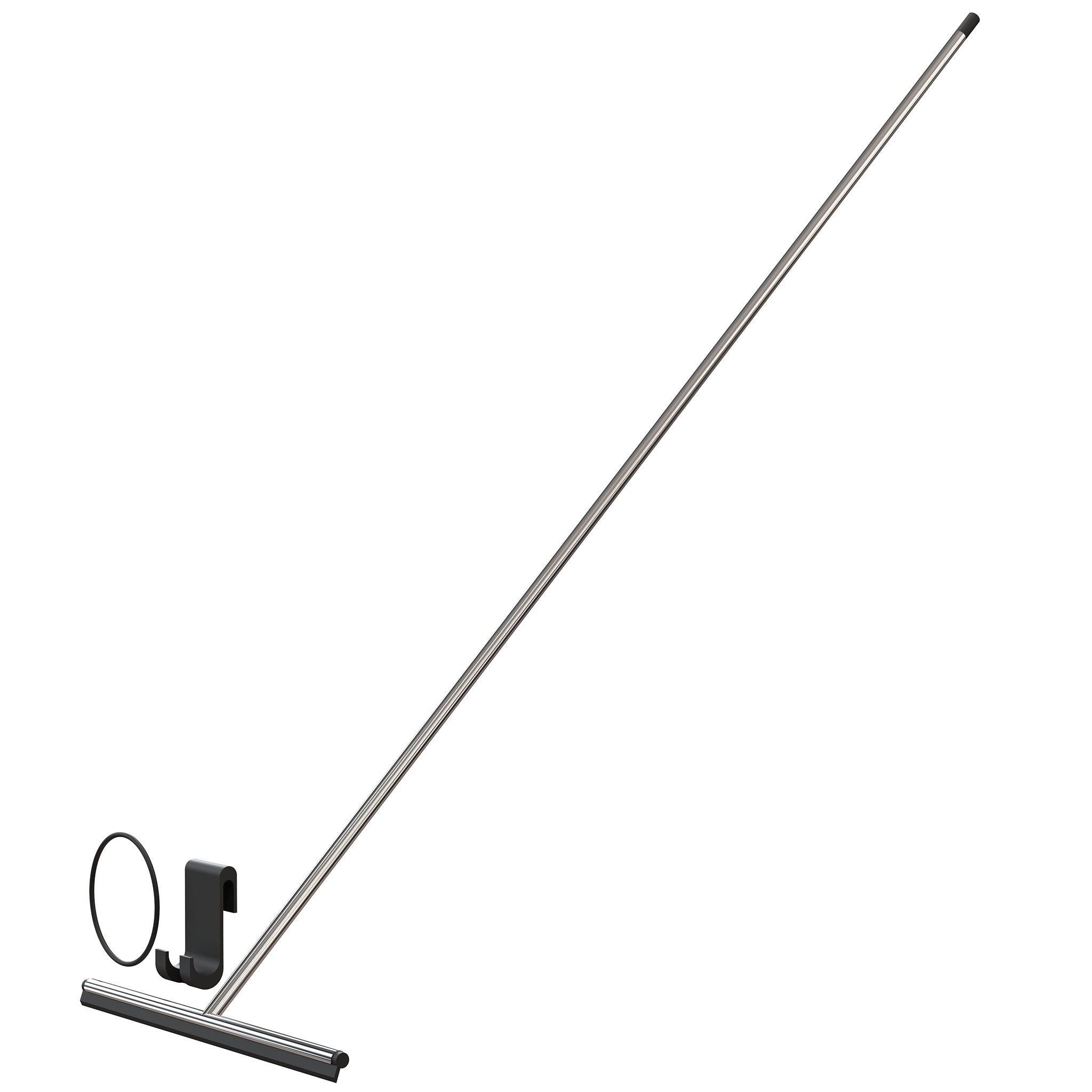 Langer Duschabzieher 1979-1 von Frost Denmark in poliertem Edelstahl – 111 cm hoher Glasabzieher mit 34 cm Wischbreite und Gummihaken zur Befestigung.