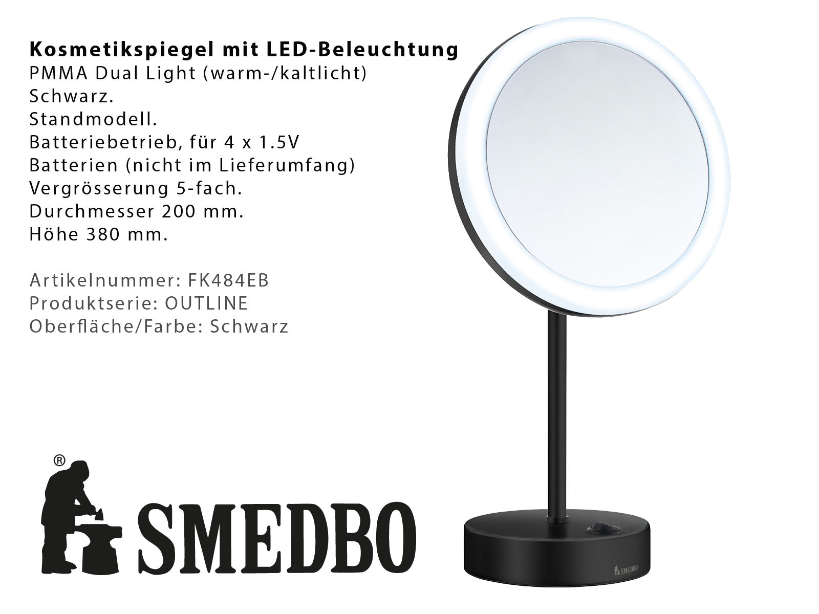 SMEDBO LED-Stand-Kosmetikspiegel 5-fach schwarz