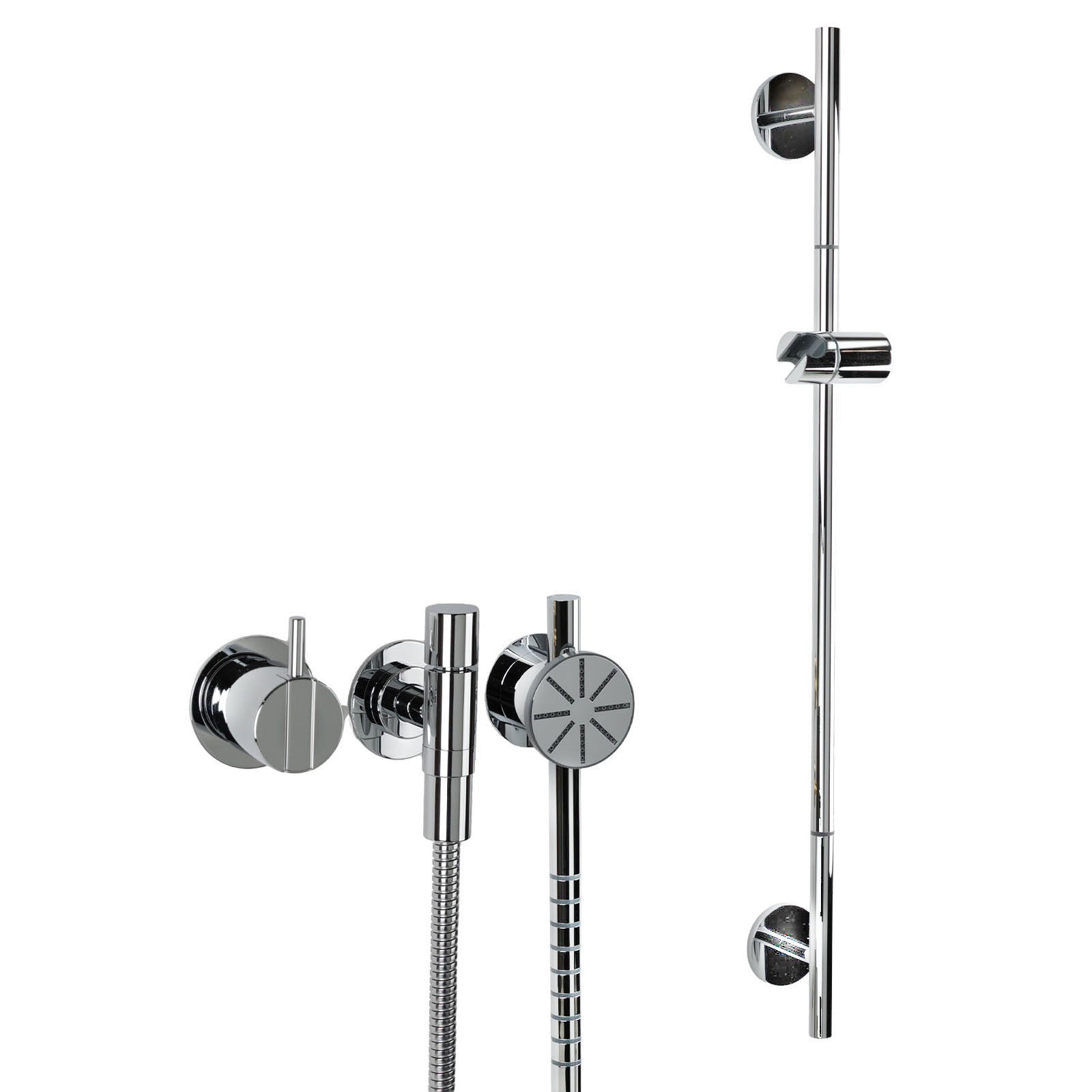 Vola Duschset 2171S-T65 in Chrom mit Rundkopf-Handbrause, stufenloser Brausestange und Einhebelmischer – elegantes, glänzendes Design aus massivem Messing.