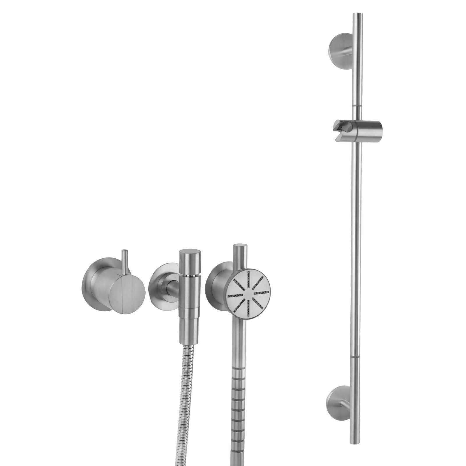 Vola Duschset 2171S-T65 in Edelstahl gebürstet mit Rundkopf-Handbrause – langlebige, matte Edelstahlausführung im puristischen skandinavischen Design.