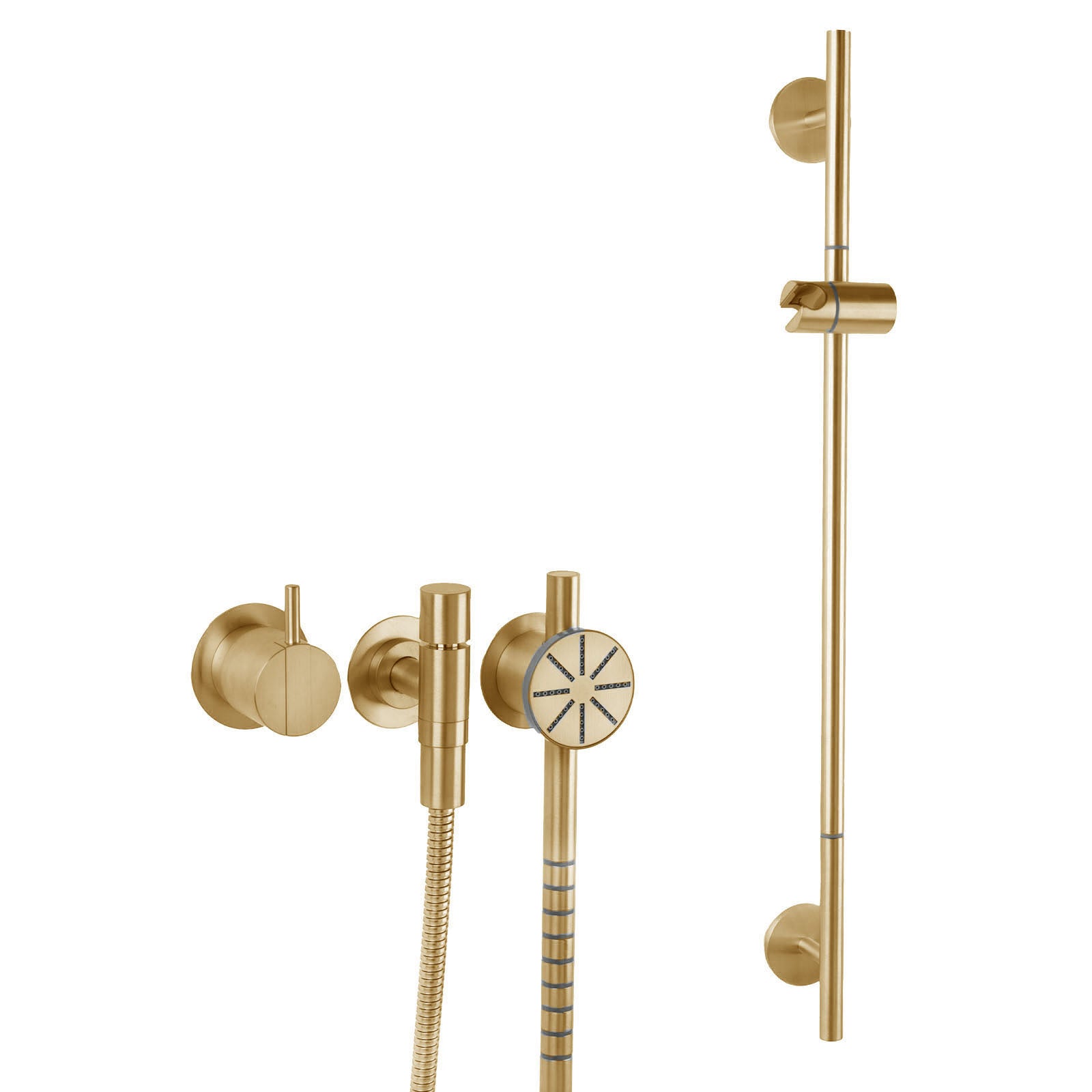 Vola Duschset 2171S-T65 in Gold gebürstet mit Rundkopf-Handbrause – edle, satinierte Gold-PVD-Oberfläche für luxuriöse Bäder.