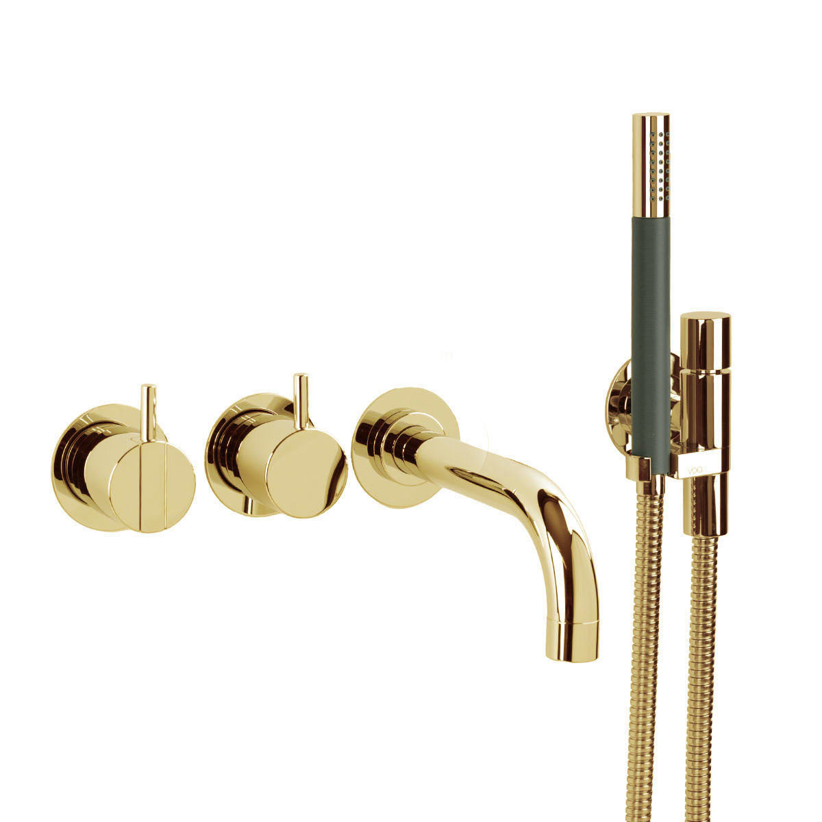 Vola Badewannen-Set 2411C-071 in Messing natur mit Wandauslauf, Einhebelmischer und Stabhandbrause, handgefertigt mit natürlicher Patinaentwicklung.