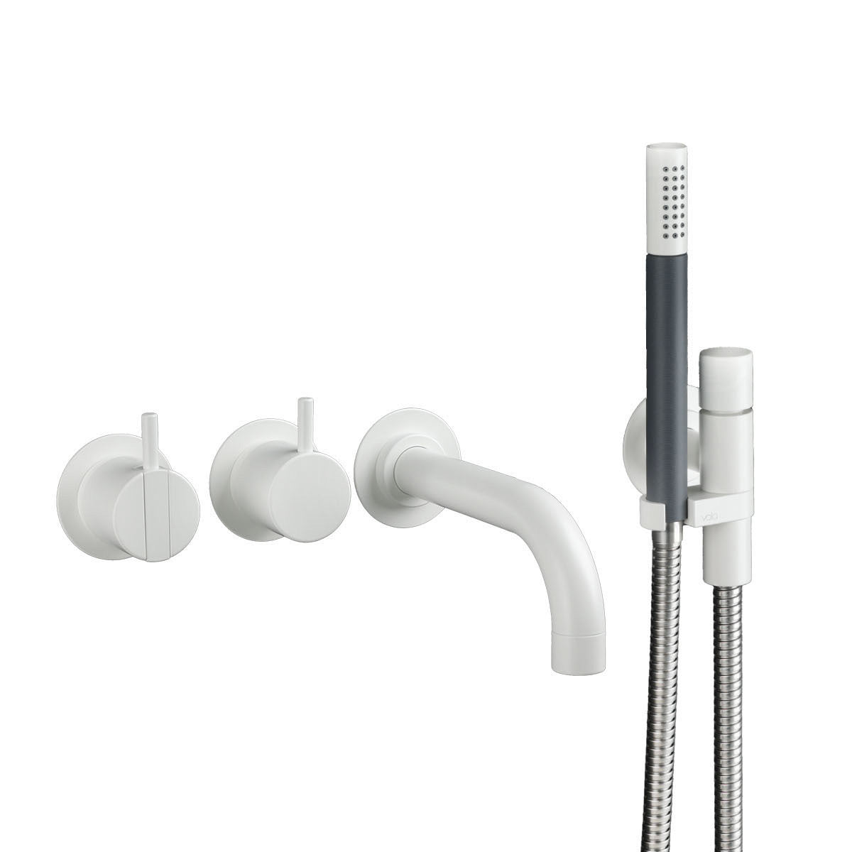 Vola Badewannen-Set 2411C-071 in Weiß matt mit ruhigem Wandauslauf, Umsteller und eleganter Stabhandbrause.