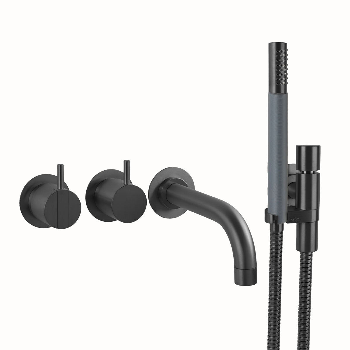 Vola Badewannen-Set 2411C-071 in Schwarz gebürstet mit hochwertiger PVD-Oberfläche, Einhebelmischer und Stabhandbrause.