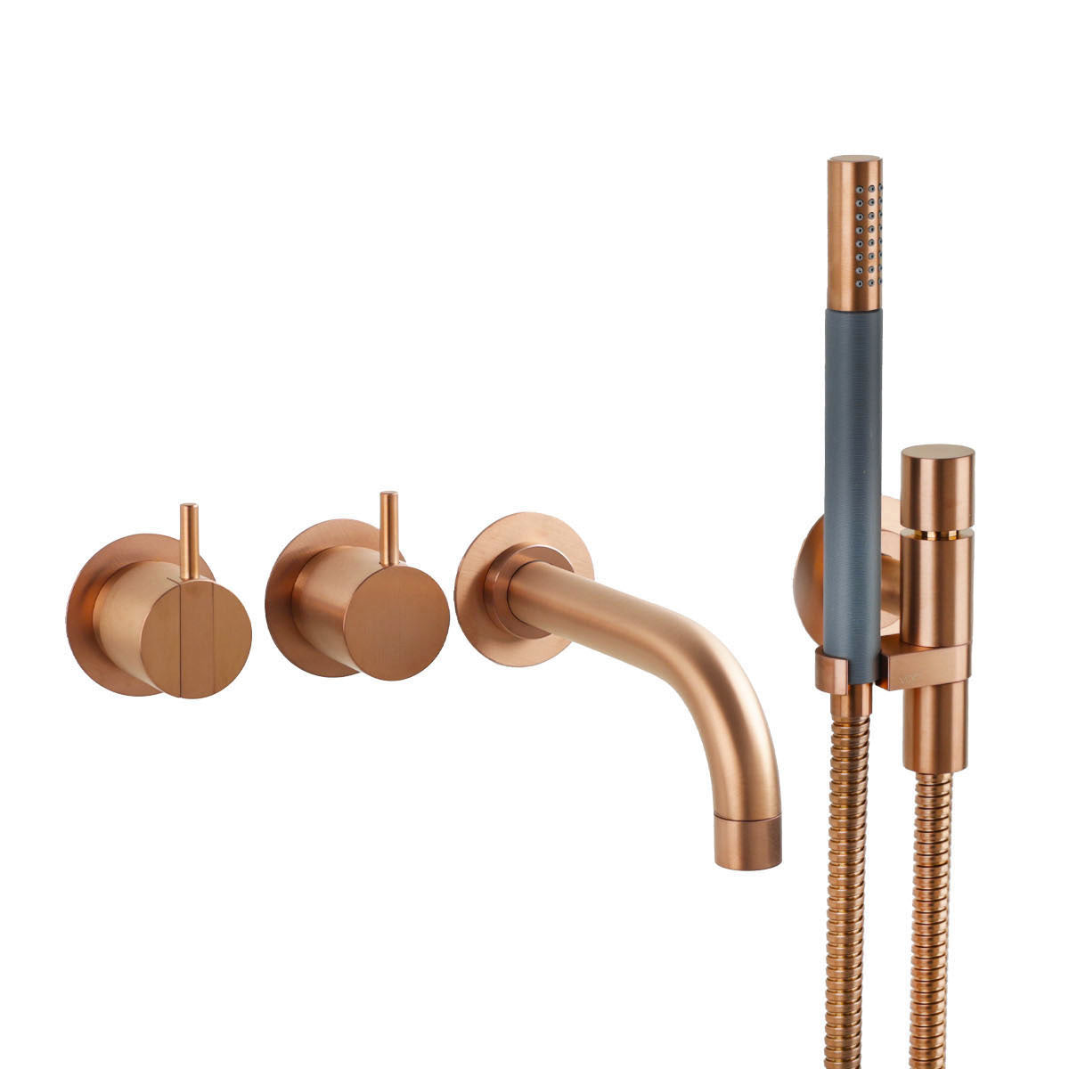 Vola Badewannen-Set 2411C-071 in Kupfer gebürstet mit warmem Metallic-Finish, Wandauslauf und schlanker Handbrause.