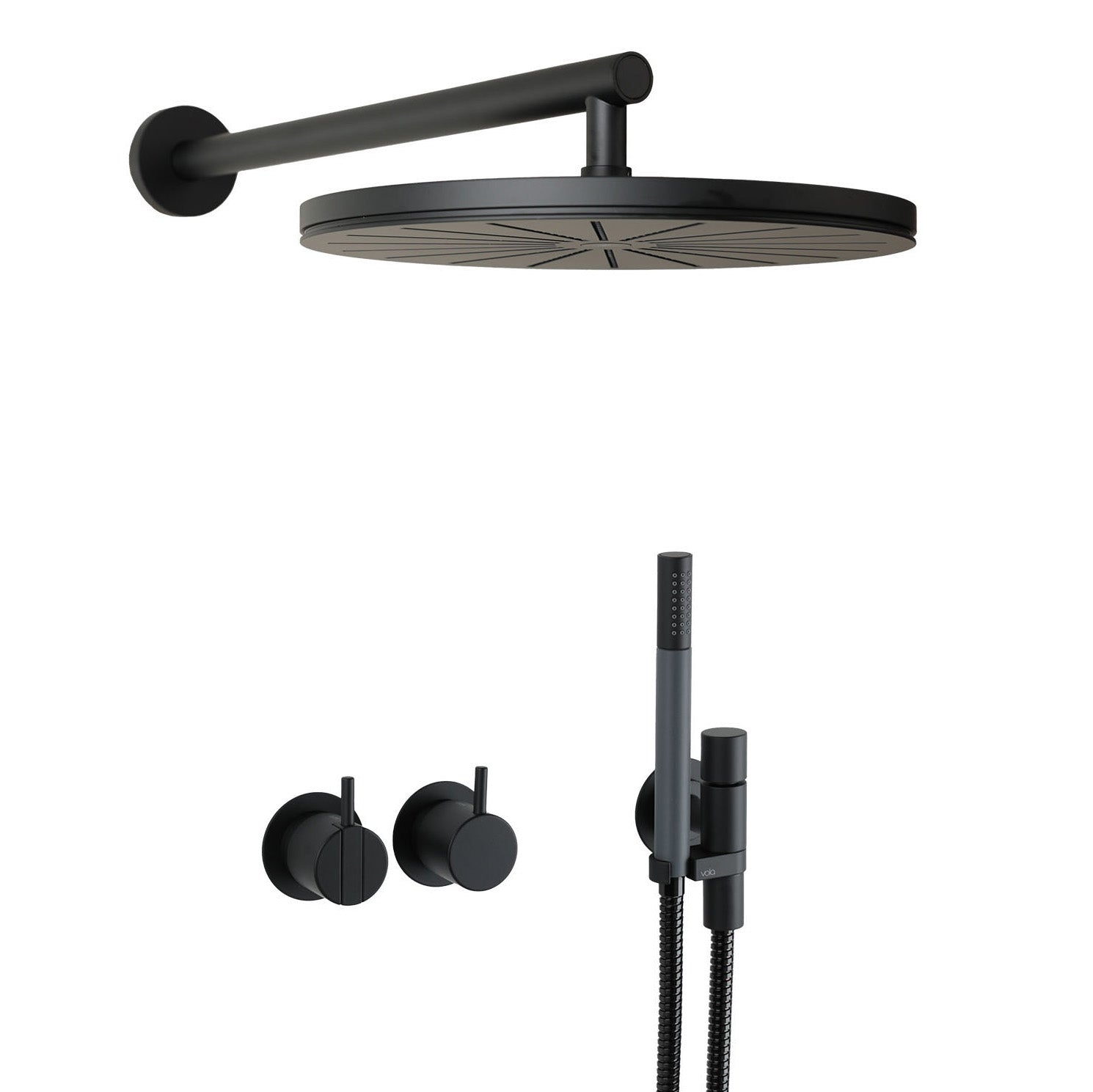 Vola Duschset 2471-061 in Schwarz matt mit Regenbrause und Stabhandbrause – tiefmatte Oberfläche für klare, moderne Badarchitektur.