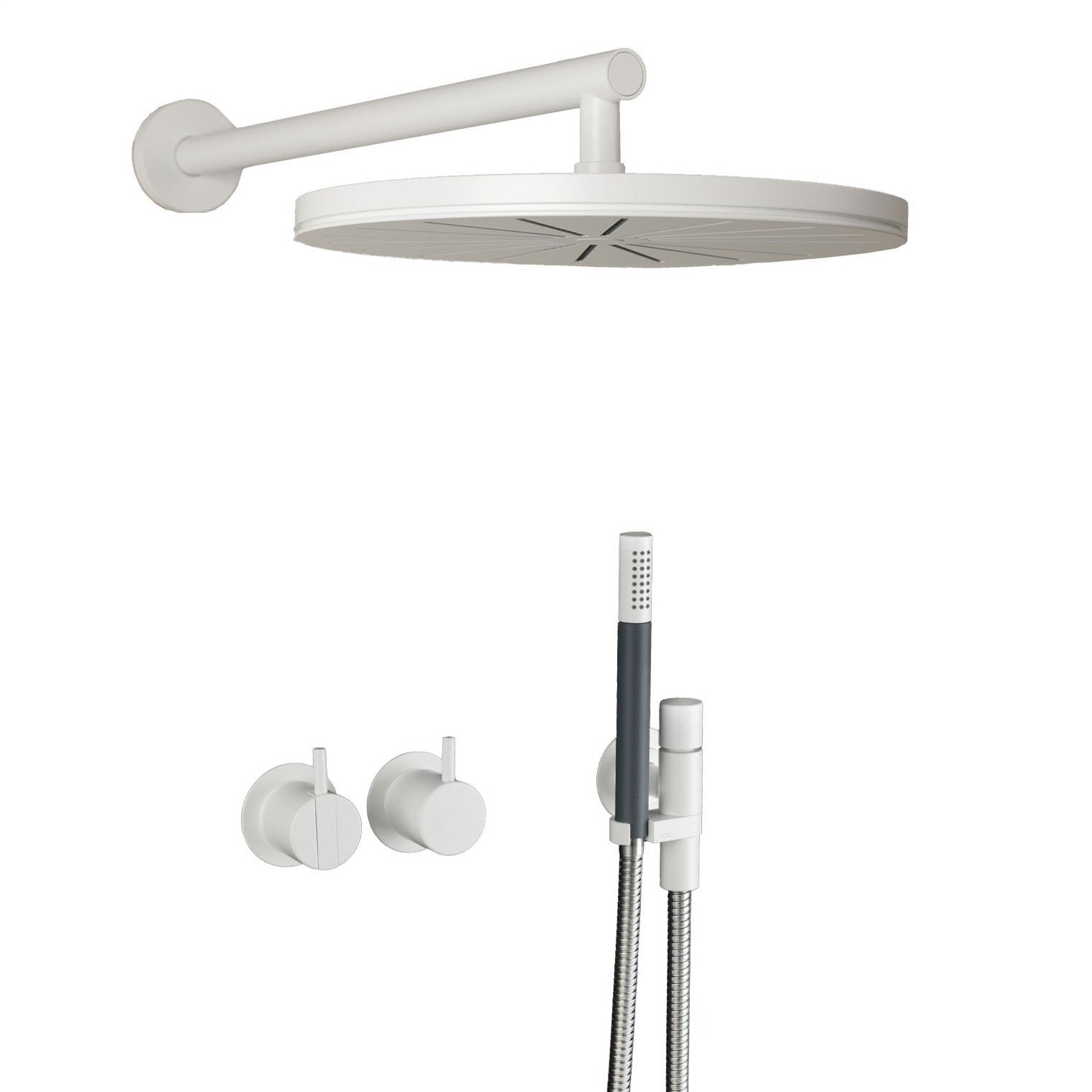 Vola Duschset 2471-061 in Weiß matt mit großer Regenbrause und Stabhandbrause – ruhige, minimalistische Optik für helle Badezimmer.