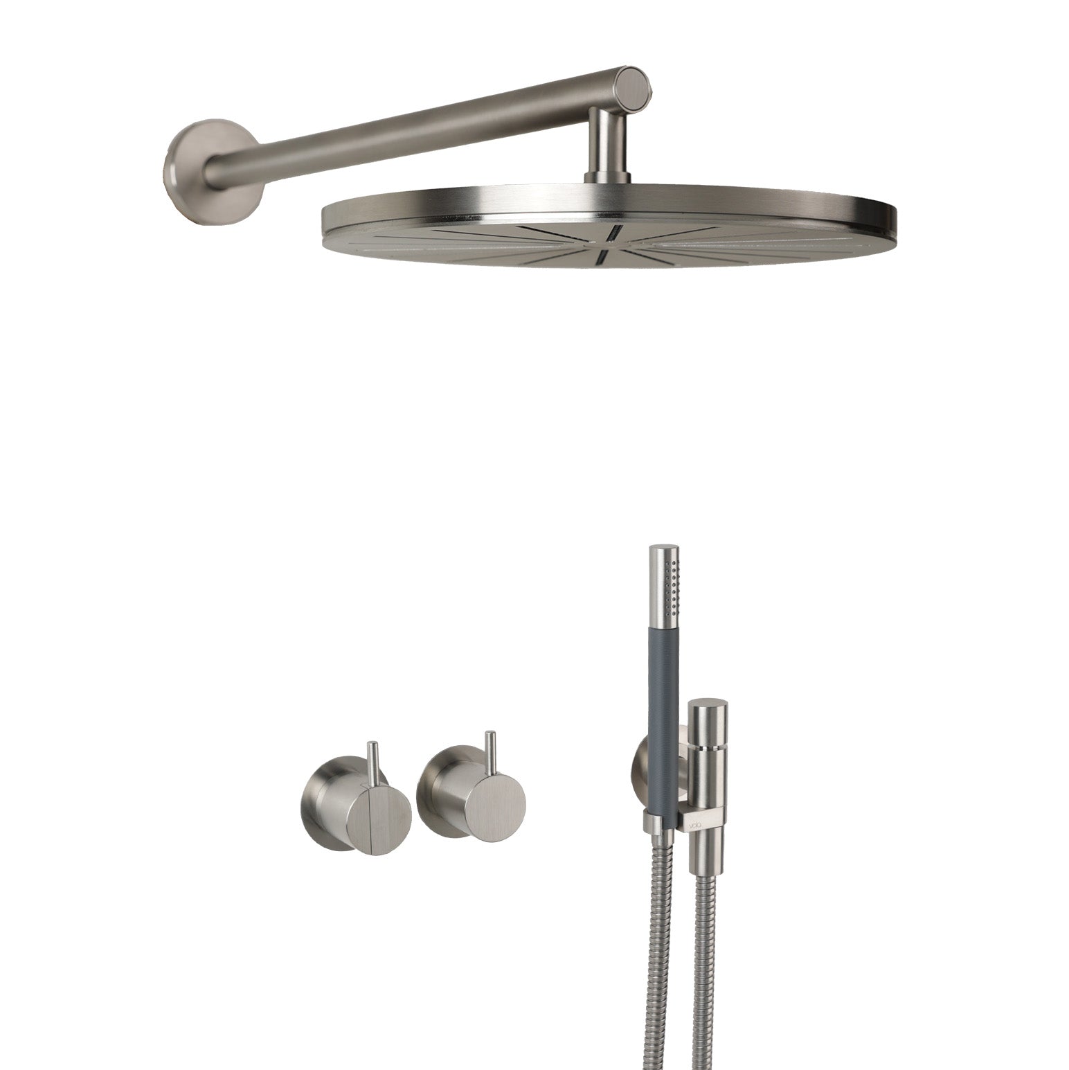 Vola Duschset 2471-061 in Edelstahl gebürstet mit Regenbrause und Stabhandbrause – matte, robuste Edelstahlausführung für zeitlose Architektur.