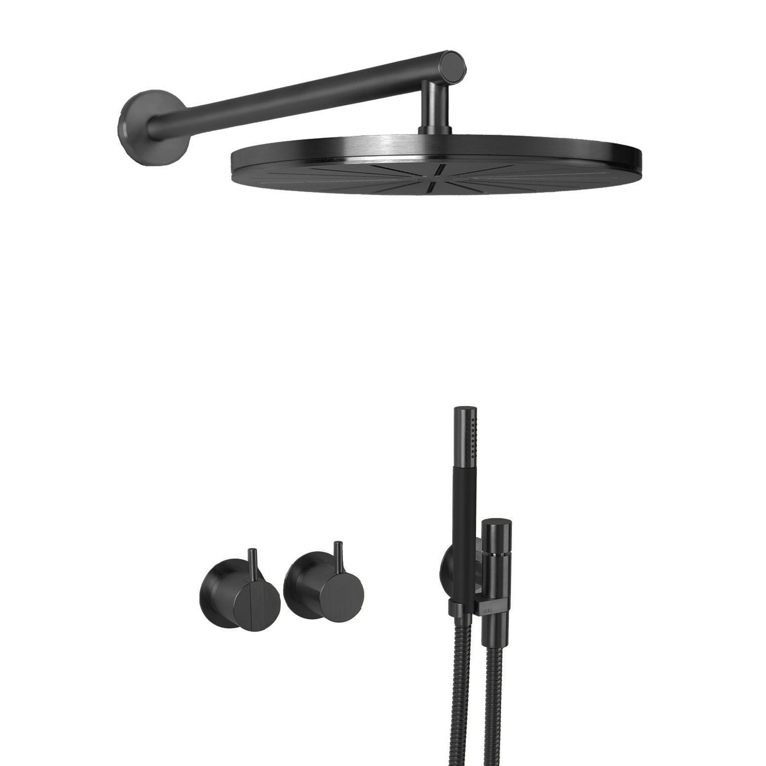 Vola Duschset 2471-061 in Schwarz gebürstet mit Regenbrause und Stabhandbrause – elegante PVD-Oberfläche mit technischem, edlem Ausdruck.
