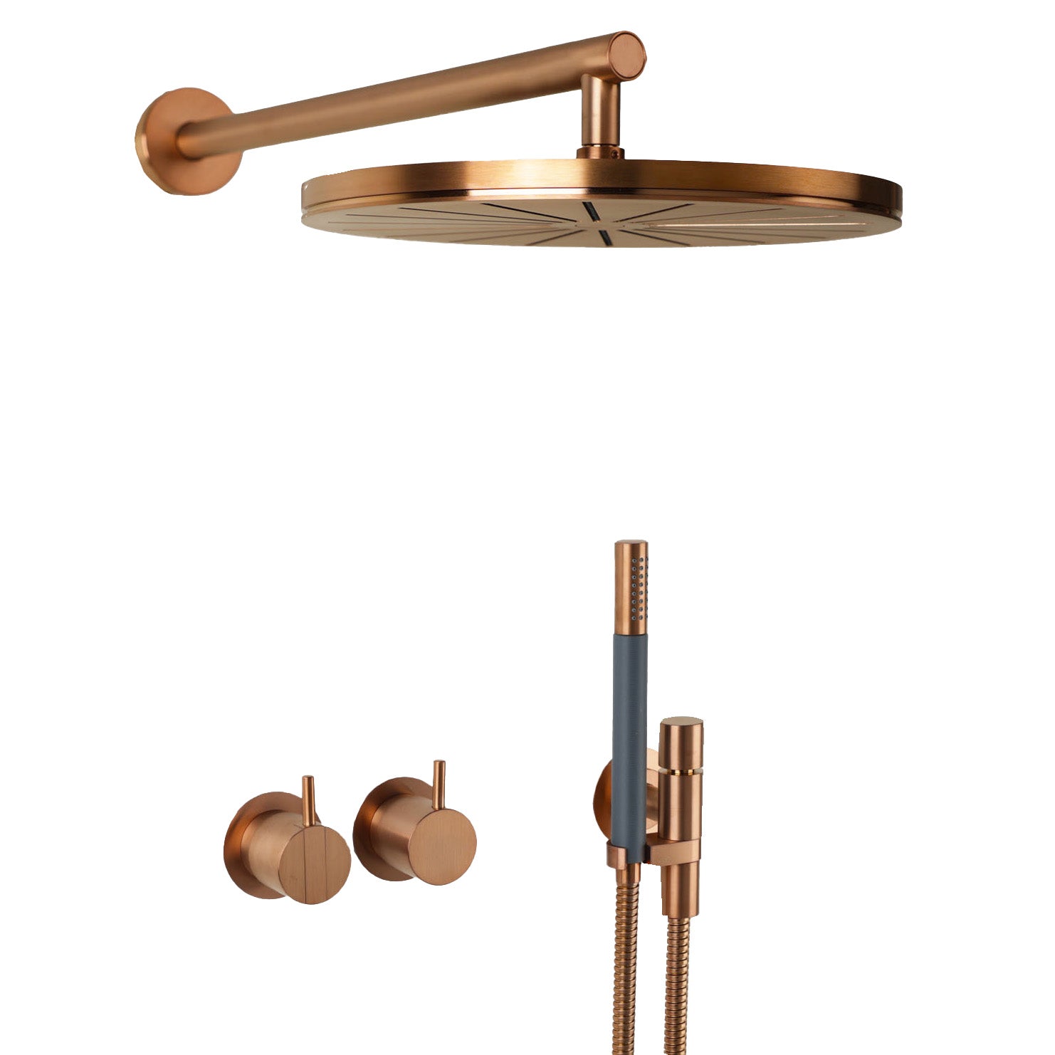 Vola Duschset 2471-061 in Kupfer gebürstet mit Regenbrause und Stabhandbrause – warmes, mattiertes Kupferfinish für luxuriöse Badgestaltung.