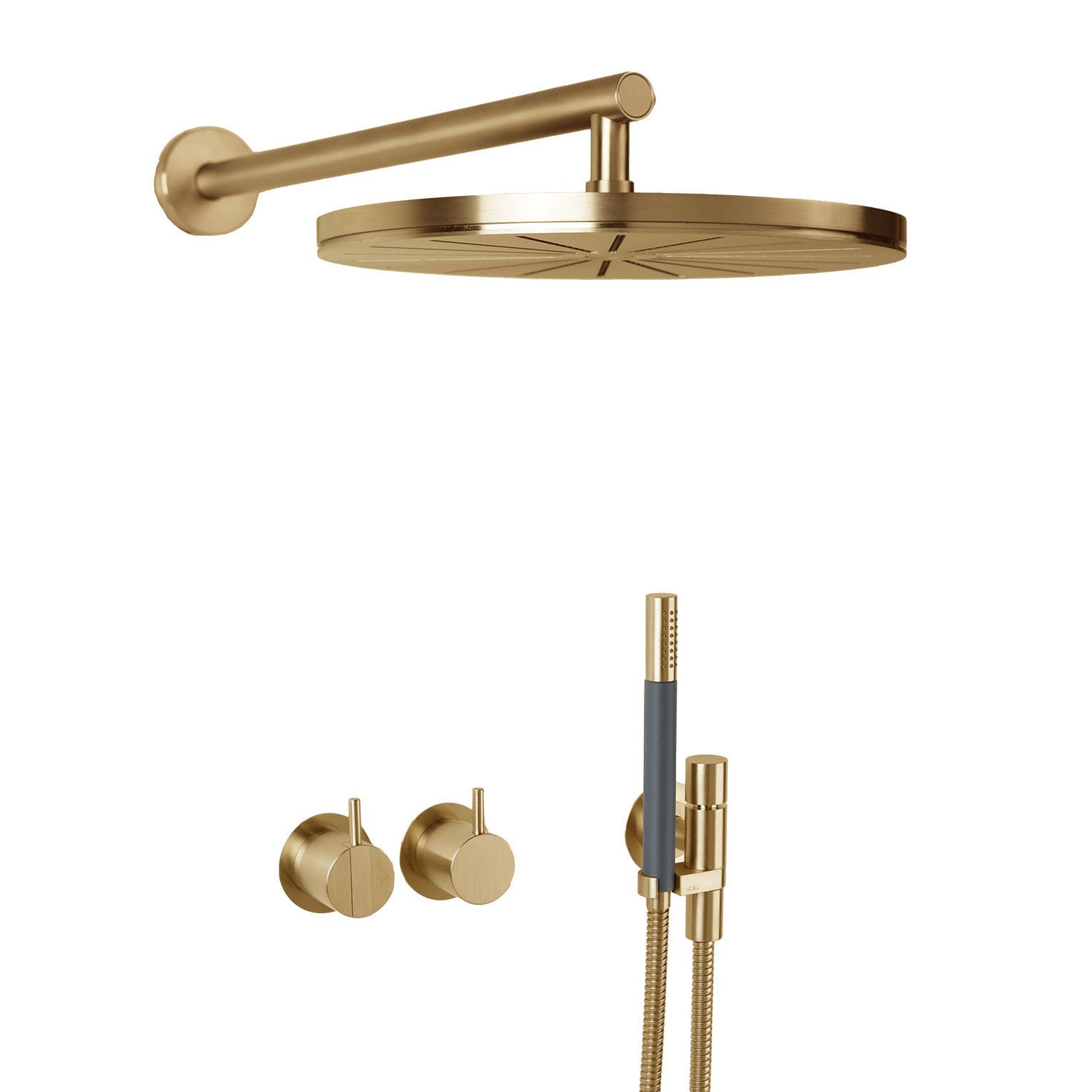 Vola Duschset 2471-061 in Gold gebürstet mit Regenbrause und Stabhandbrause – satinierte Gold-PVD-Oberfläche für edle Luxus-Bäder.