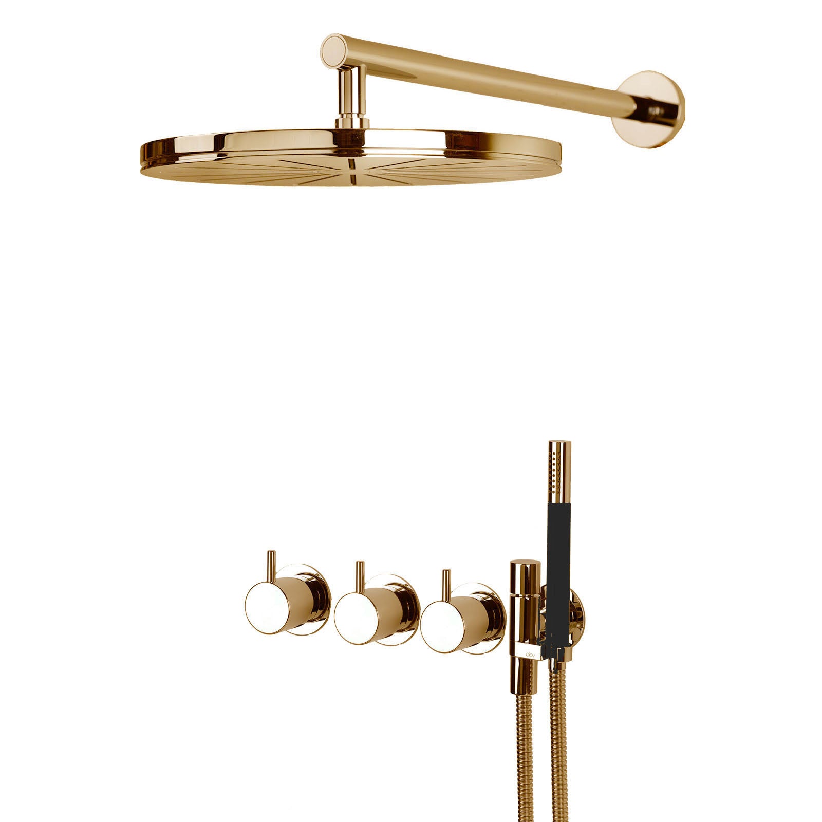 Vola 5471R-061 Thermostat-Duschset in Messing Natur mit Regenbrause und Stabhandbrause – unbehandelte Oberfläche mit natürlicher Patinaentwicklung.