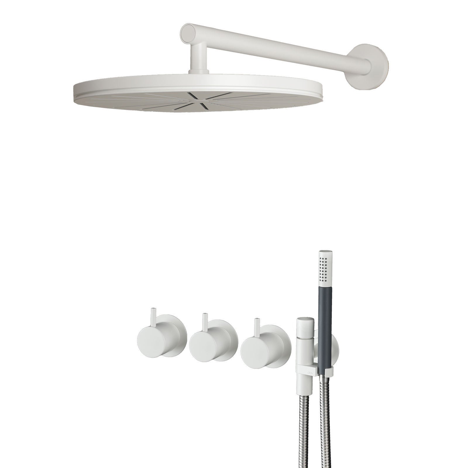 Vola 5471R-061 Thermostat-Duschset in Weiß matt mit Regenbrause und Stabhandbrause – ruhige, minimalistische Optik für helle Bäder.
