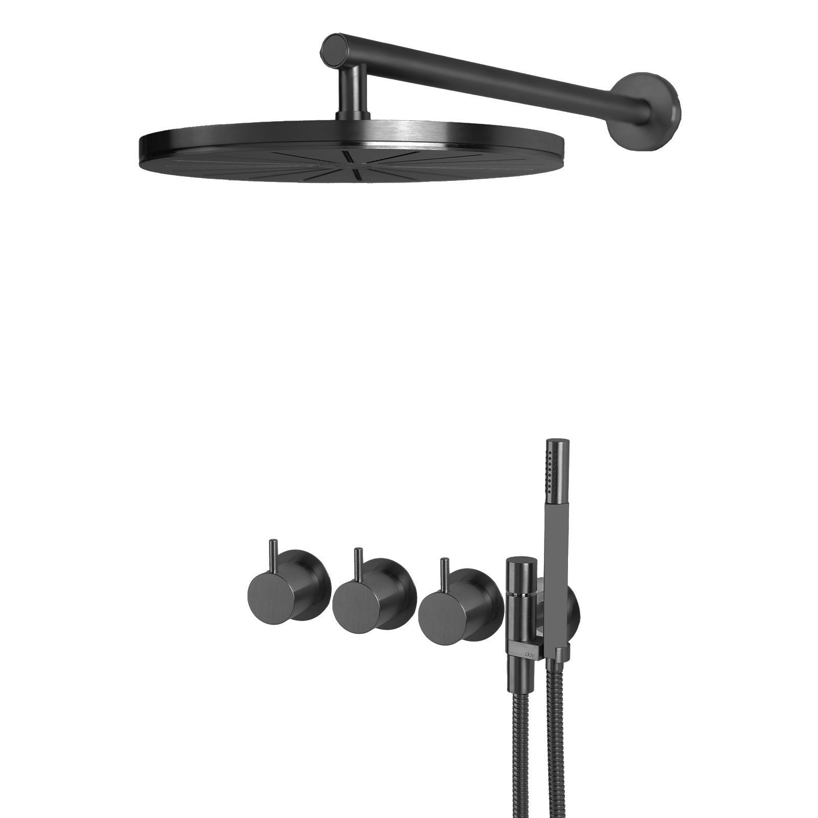 Vola 5471R-061 Thermostat-Duschset in Schwarz gebürstet mit Regenbrause und Stabhandbrause – edle technische PVD-Oberfläche.