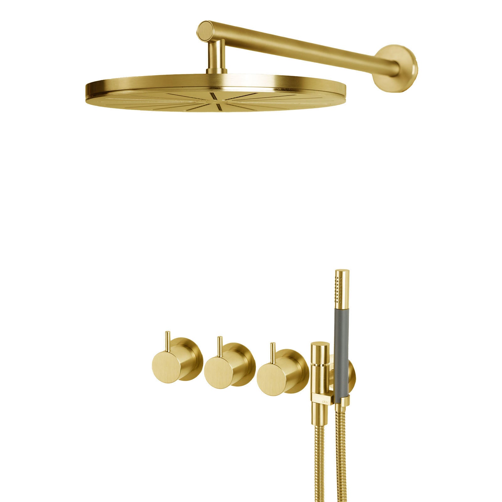 Vola 5471R-061 Thermostat-Duschset in Gold gebürstet mit Regenbrause und Stabhandbrause – satinierte Goldoberfläche für exklusive Bäder.